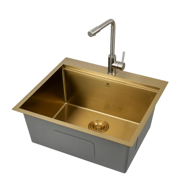 STARSTAR Workstation Ledge Top Mount/Drop-in Gold 304 Matte Stainless Steel Single Bowl For Kitchen,Yard, Office, Bar, Laundry Sink