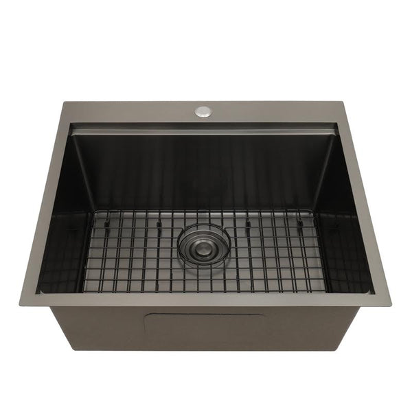 STARSTAR Workstation Ledge Topmount/Drop-in Single Bowl Black Matte Stainless Steel Kitchen/Yard/Bar/Laundry/Office Sink, With Grid, Dark Cutting Board, Strainer