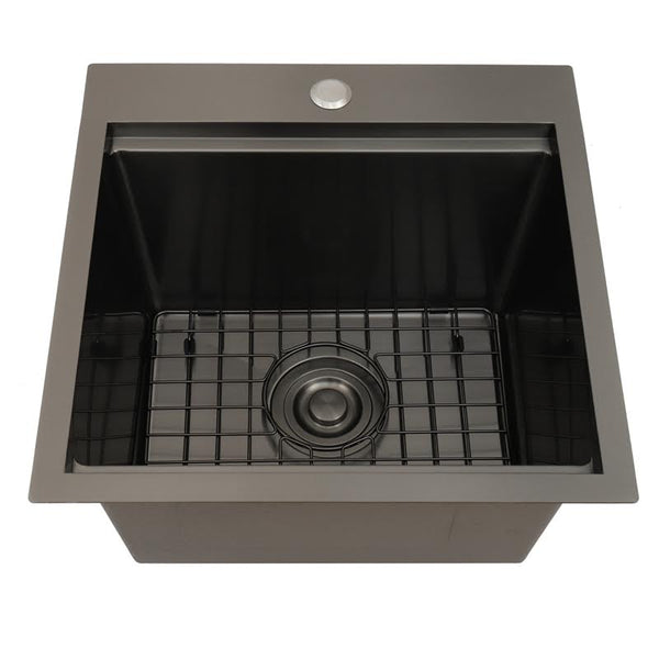 STARSTAR Workstation Ledge Topmount/Drop-in Single Bowl Black Matte Stainless Steel Kitchen/Yard/Bar/Laundry/Office Sink, With Grid, Dark Cutting Board, Strainer