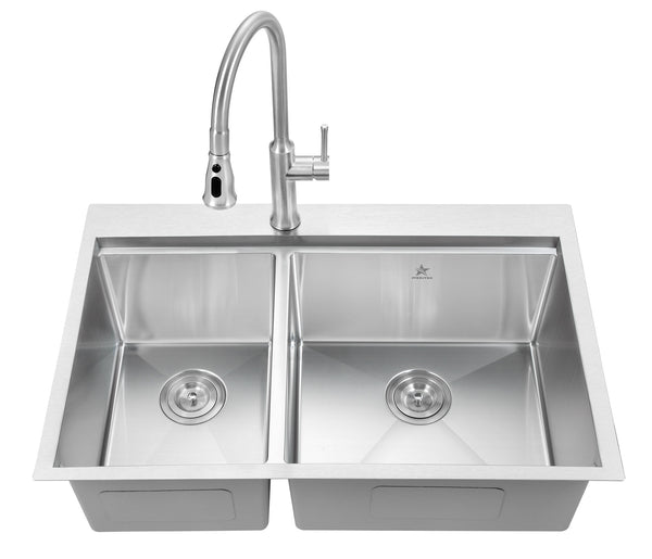 Workstation Ledge Drop-in/Topmount Double Bowl 304 Stainless Steel Kitchen Sink, With Two Grids, Colander, Cutting Board, Two Strainers (40/60)