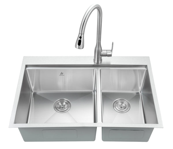 Workstation Ledge Drop-in/Topmount Double Bowl 304 Stainless Steel Kitchen Sink, With Two Grids, Colander, Cutting Board, Two Strainers (60/40)