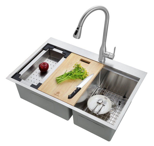 Workstation Ledge Drop-in/Topmount Double Bowl 304 Stainless Steel Kitchen Sink, With Two Grids, Colander, Cutting Board, Two Strainers (60/40)