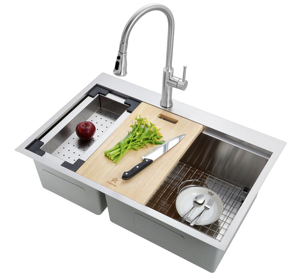 Workstation Ledge Drop-in/Topmount Double Bowl 304 Stainless Steel Kitchen Sink, With Two Grids, Colander, Cutting Board, Two Strainers (40/60)