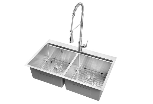 Ledge Drop-in/Topmount Double Bowl 304 Stainless Steel Kitchen Sink, With Two Grids, Colander, Cutting Board, Two Strainers (50/50)