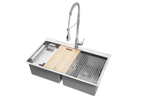 Ledge Drop-in/Topmount Double Bowl 304 Stainless Steel Kitchen Sink, With Two Grids, Colander, Cutting Board, Two Strainers (50/50)